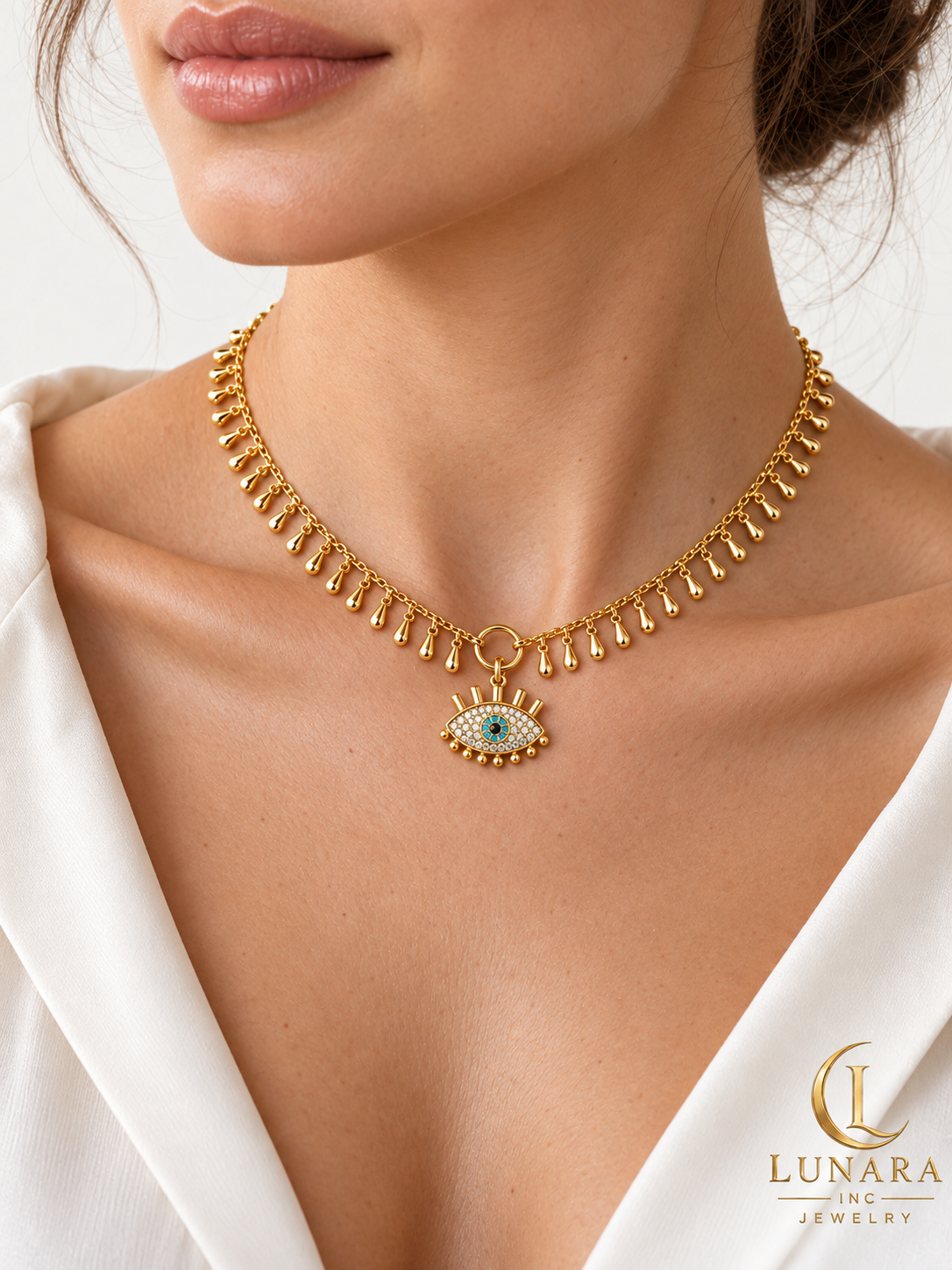 Blue Eye Pendant & Teardrop Fringe Necklace