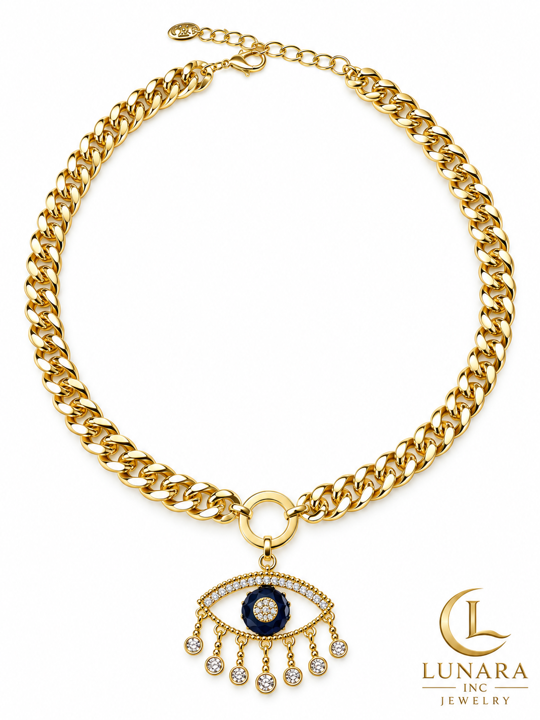 Navy Blue Eye & Crystal Drop Cuban Chain Choker