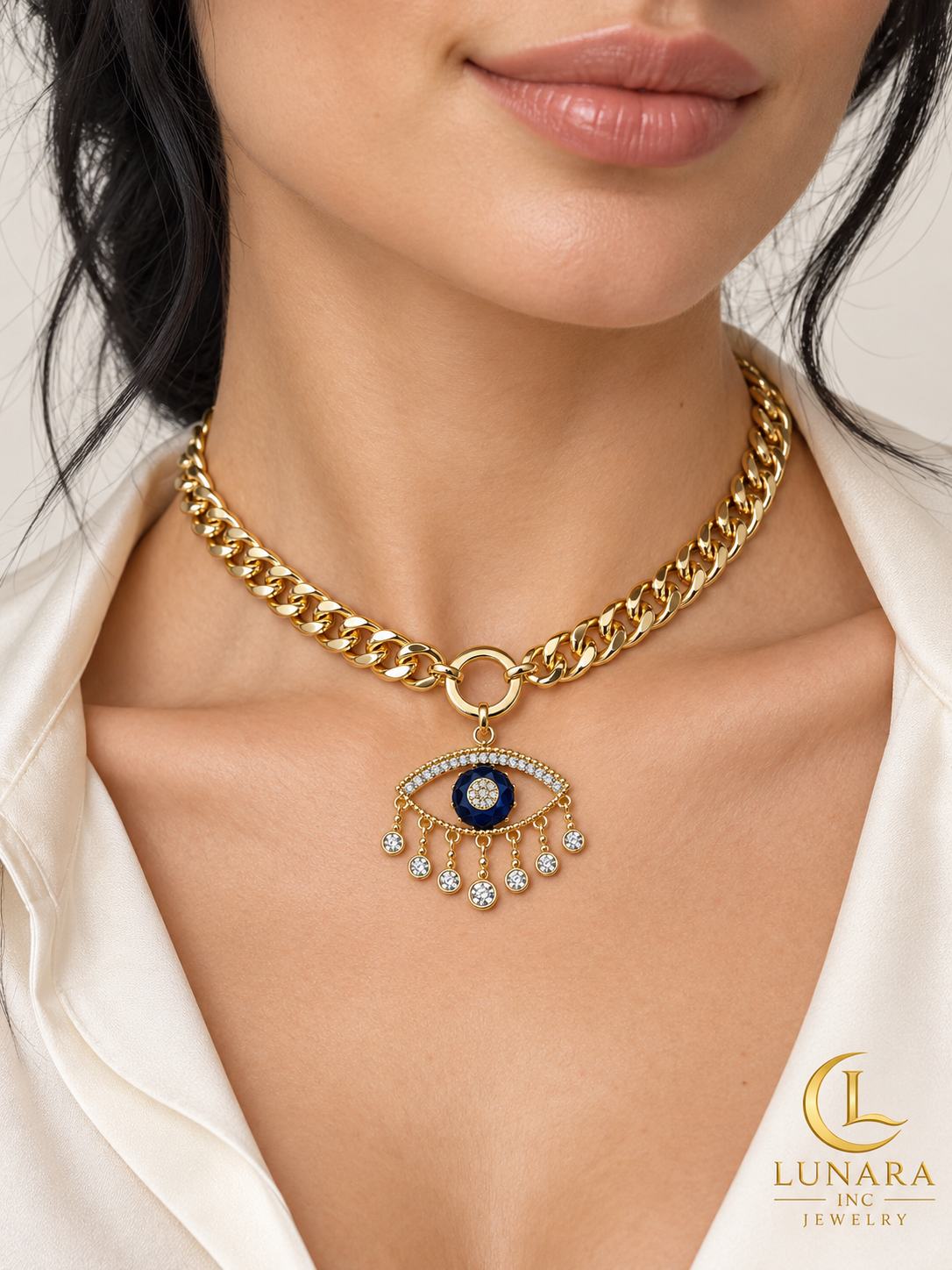 Navy Blue Eye & Crystal Drop Cuban Chain Choker