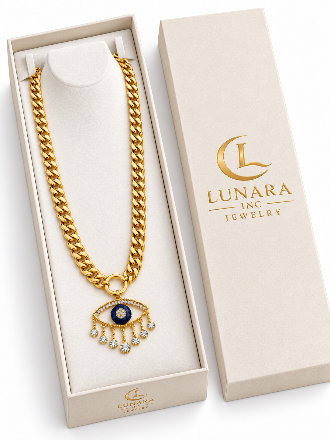 Navy Blue Eye & Crystal Drop Cuban Chain Choker
