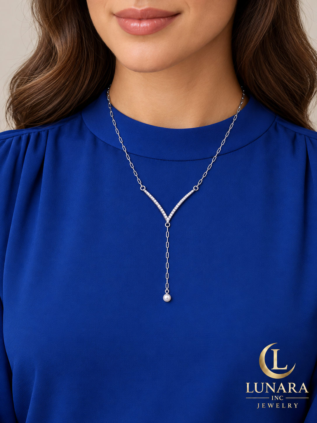 Crystal V & Pearl Drop Lariat Necklace
