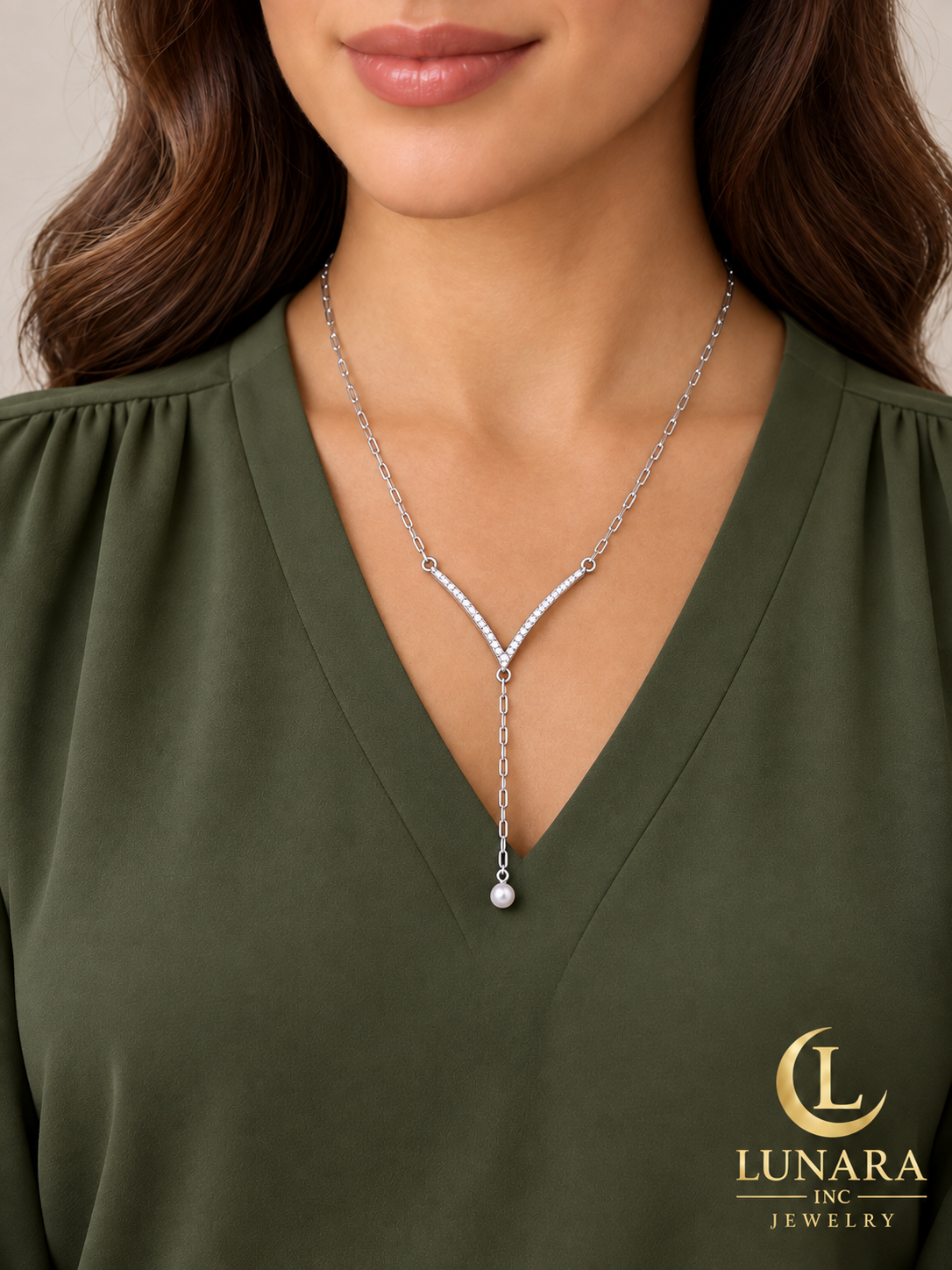 Crystal V & Pearl Drop Lariat Necklace