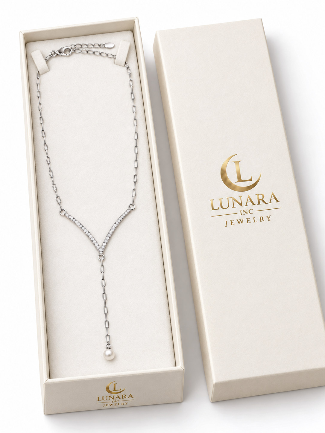 Crystal V & Pearl Drop Lariat Necklace