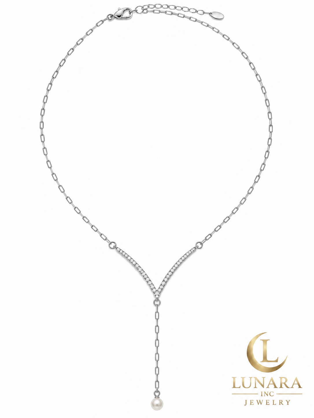 Crystal V & Pearl Drop Lariat Necklace