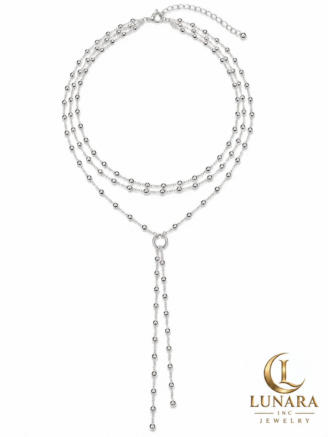 Triple-Layer Silver Bead Lariat Necklace