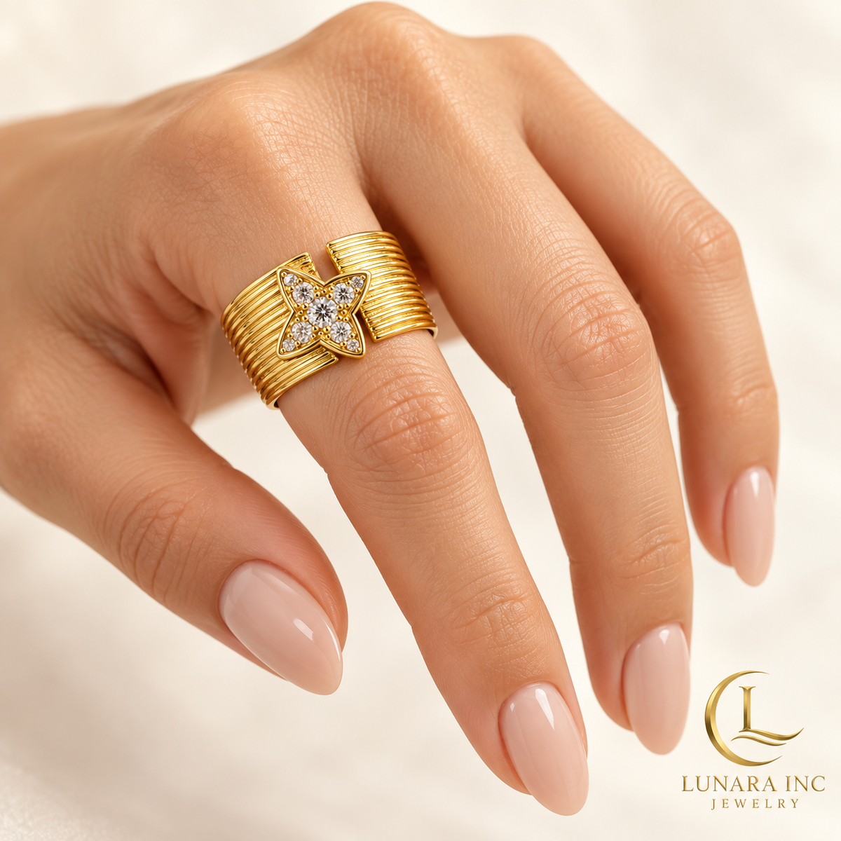 Golden Butterfly Crystal Wide Band Ring