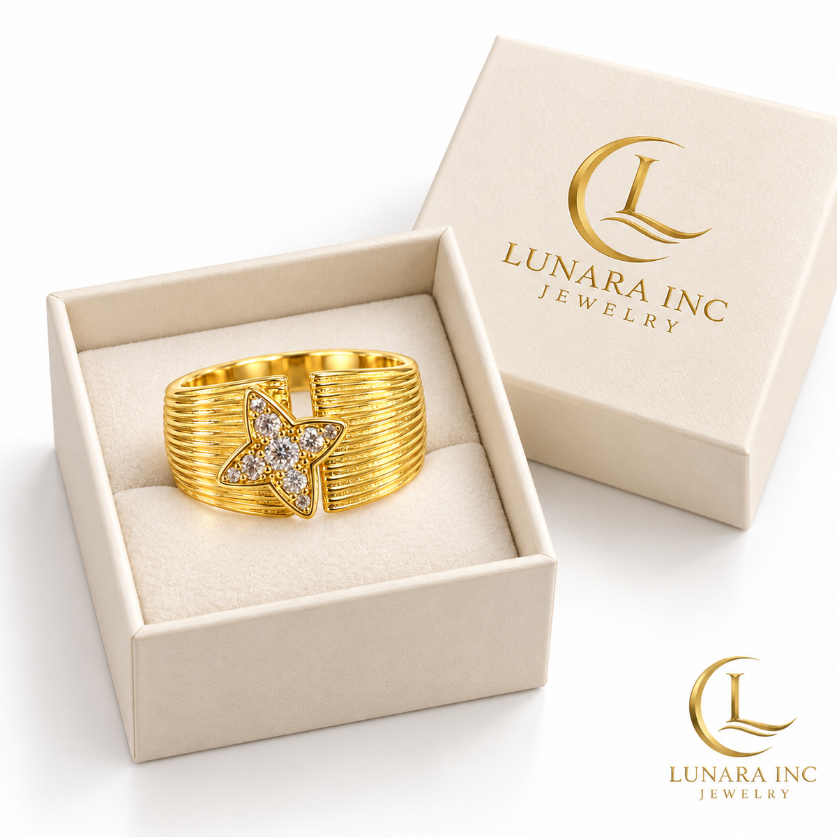 Golden Butterfly Crystal Wide Band Ring