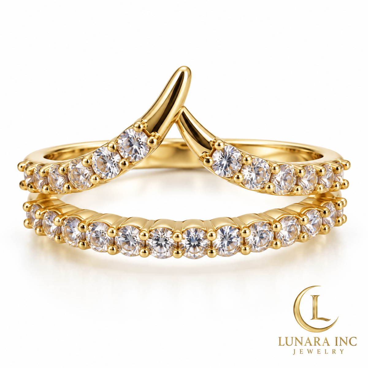 Golden Wishbone Double-Row Crystal Ring