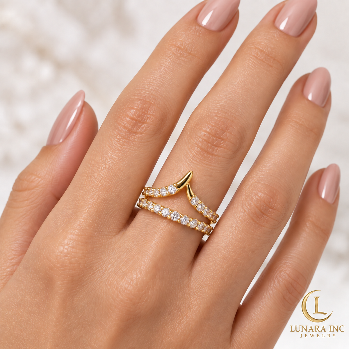 Golden Wishbone Double-Row Crystal Ring