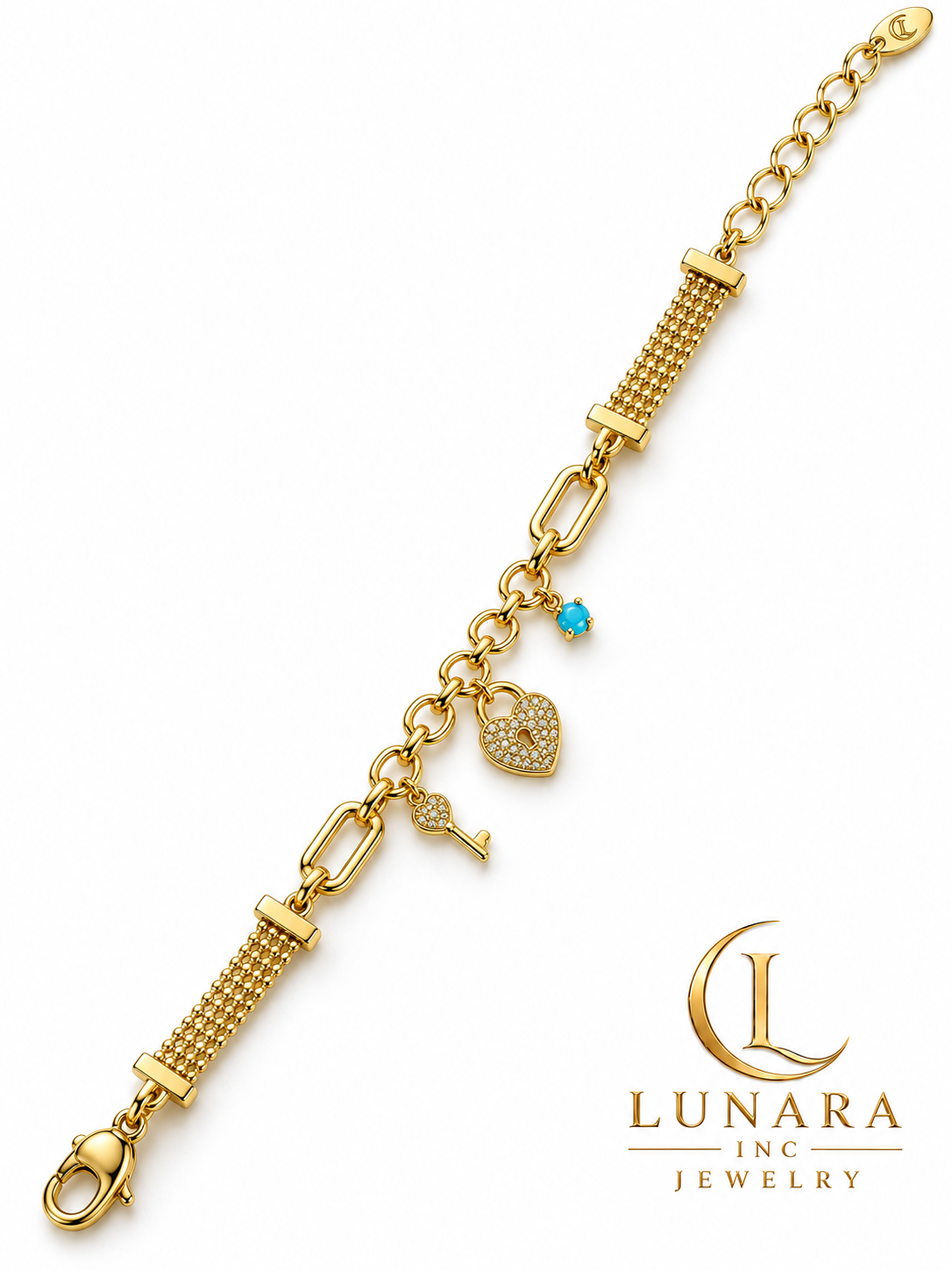 Aqua Crystal Lock & Key Charm Bracelet