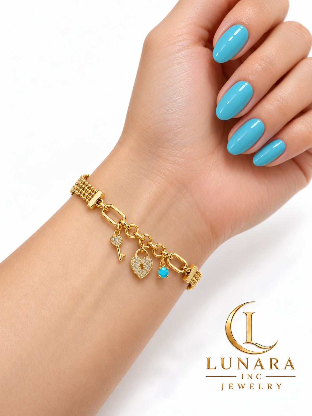 Aqua Crystal Lock & Key Charm Bracelet