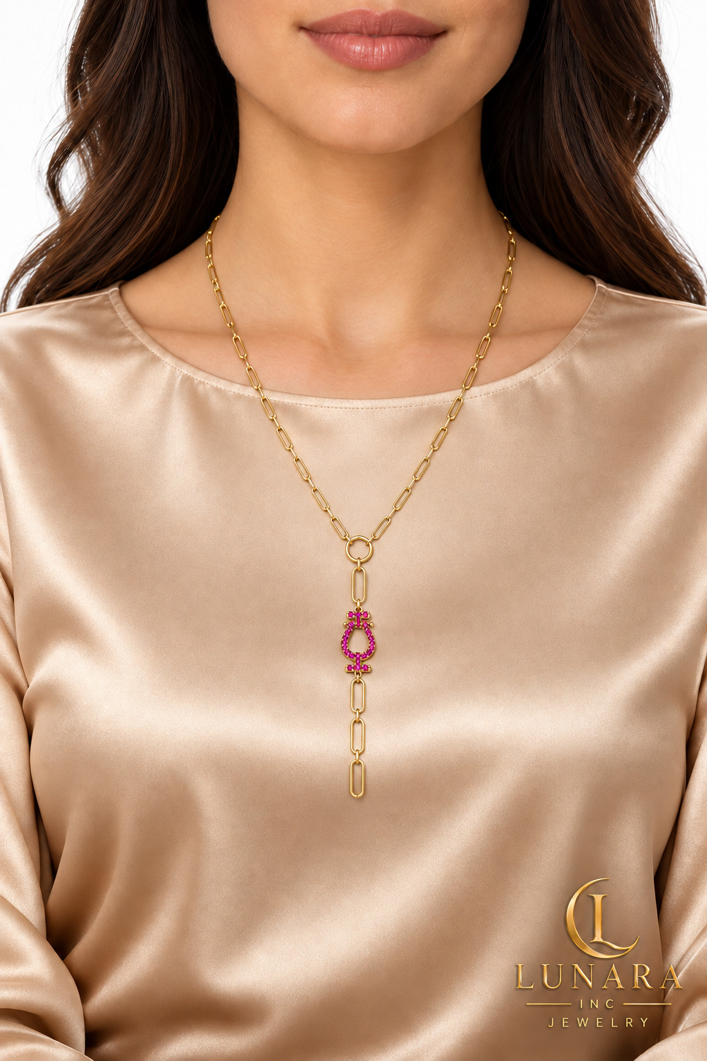 Fuchsia Horseshoe Paperclip Lariat Necklace