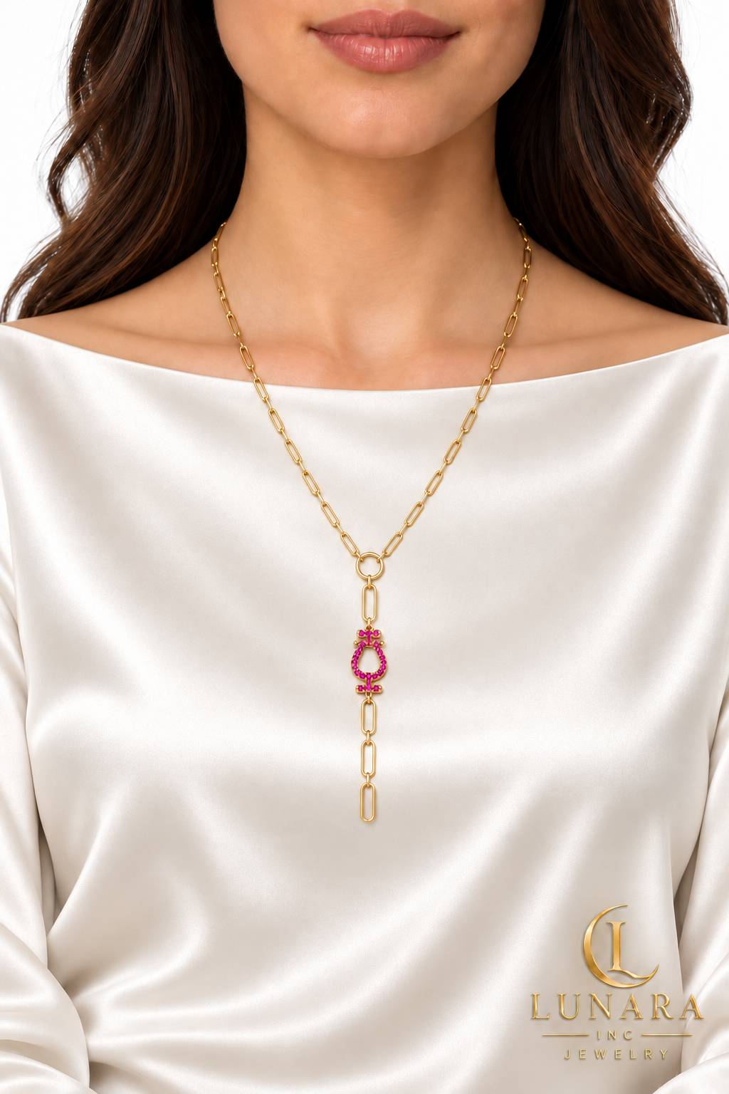 Fuchsia Horseshoe Paperclip Lariat Necklace