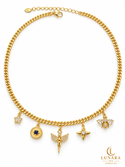 Angel & Crystal Charms Curb Chain Necklace