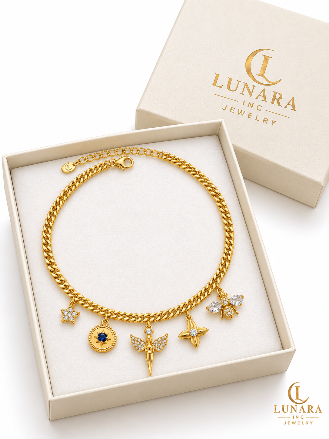 Angel & Crystal Charms Curb Chain Necklace