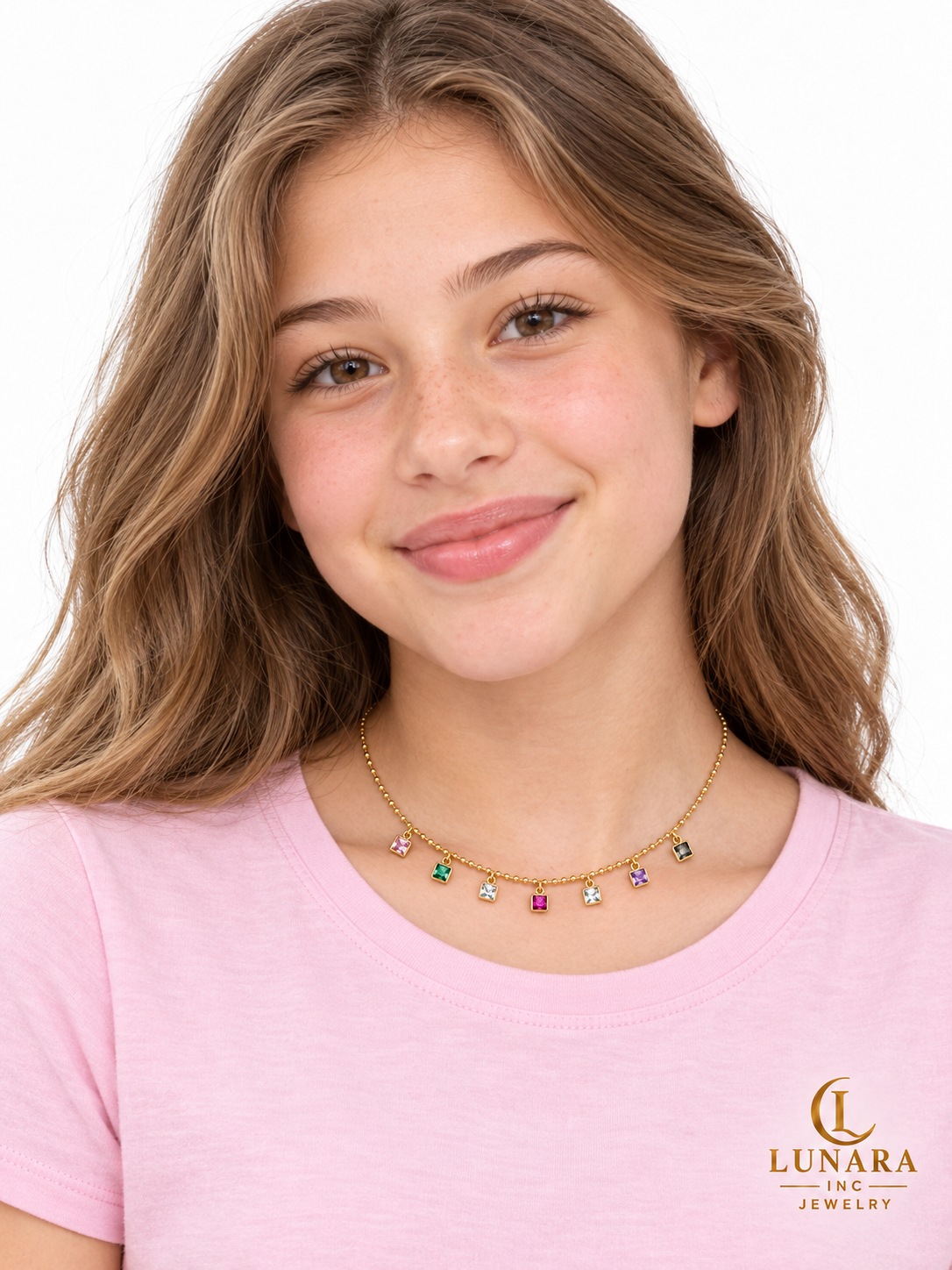 Multicolor Square Crystal Bead Chain Necklace — Gold & Silver