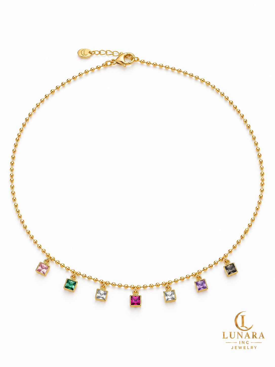 Multicolor Square Crystal Bead Chain Necklace — Gold & Silver