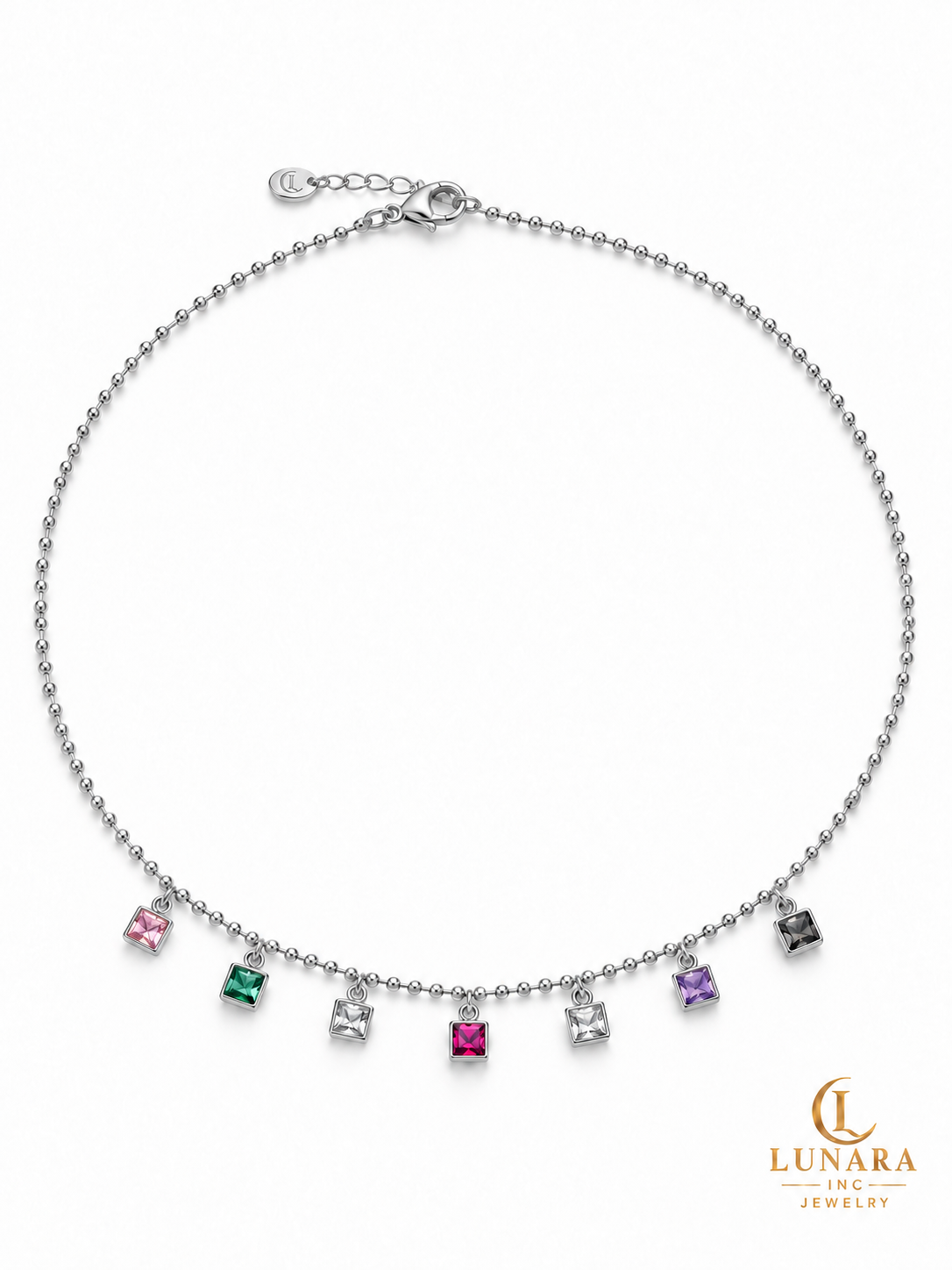 Multicolor Square Crystal Bead Chain Necklace — Gold & Silver