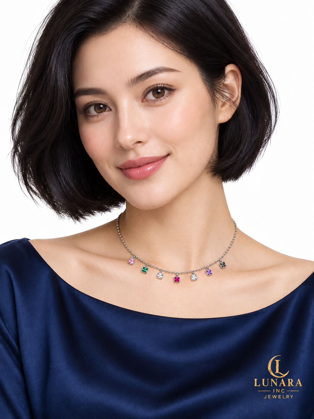Multicolor Square Crystal Bead Chain Necklace — Gold & Silver