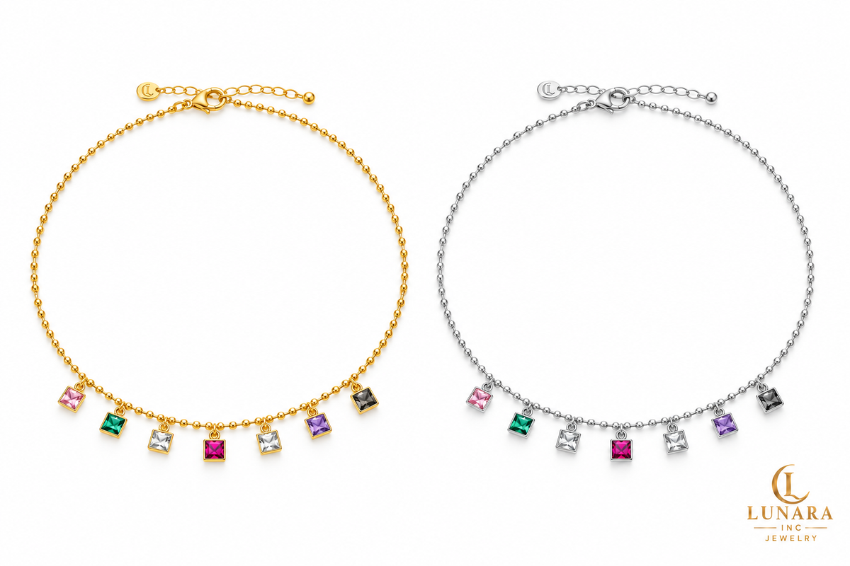 Multicolor Square Crystal Bead Chain Necklace — Gold & Silver