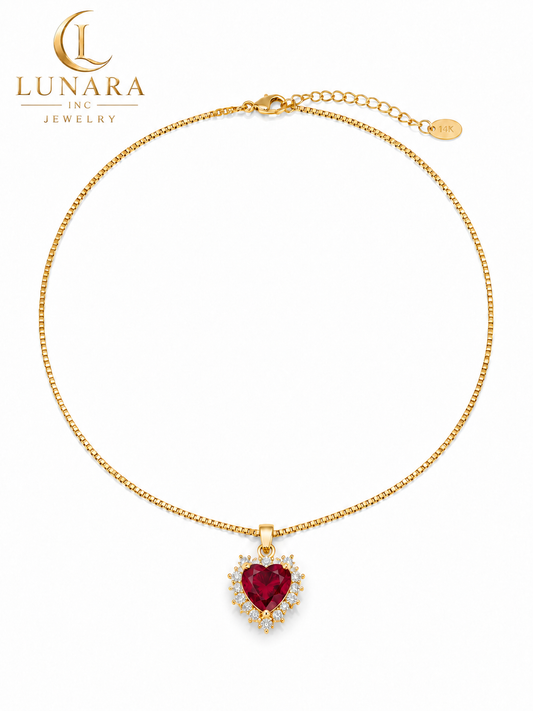 Lunara 14K Gold Ruby Heart Necklace – Red Crystal Heart Pendant with CZ Halo