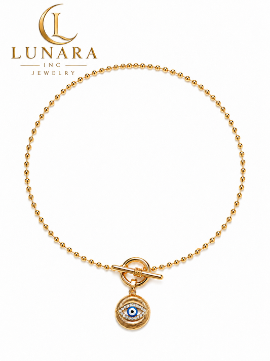 Lunara 14K Gold Evil Eye Toggle Necklace – Protection Charm Beaded Necklace for Women