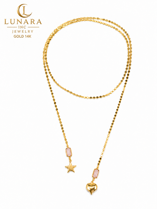 Lunara Gold Layered Lariat Necklace with Heart & Star Charms – Pink Stone Pendant Necklace for Women