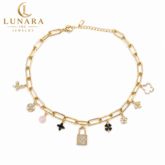 Lunara 14K Gold Paperclip Charm Choker Necklace – Lucky Clover & Lock Charm Necklace for Women