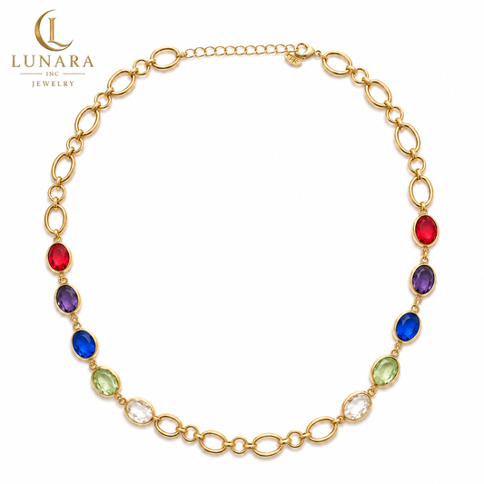 Lunara 14K Gold Multi-Color Gemstone Link Necklace – Elegant Statement Chain for Women