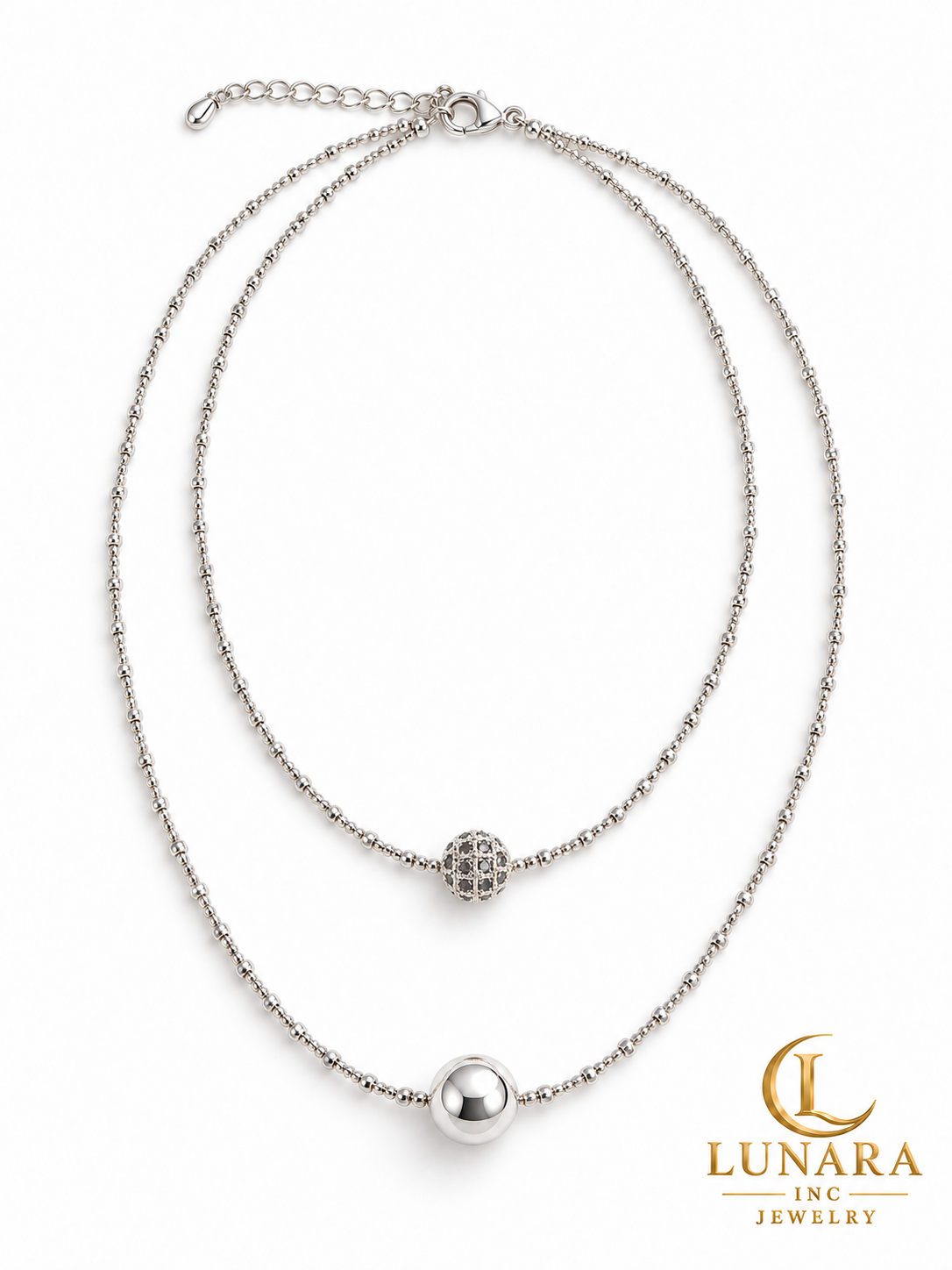Silver-Tone Double-Layer Beaded Chain with Sparkling & Polished Spheres