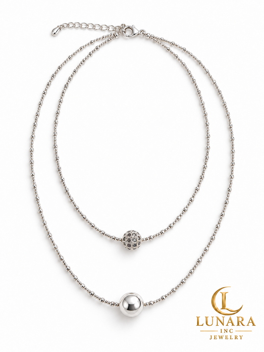 Silver-Tone Double-Layer Beaded Chain with Sparkling & Polished Spheres