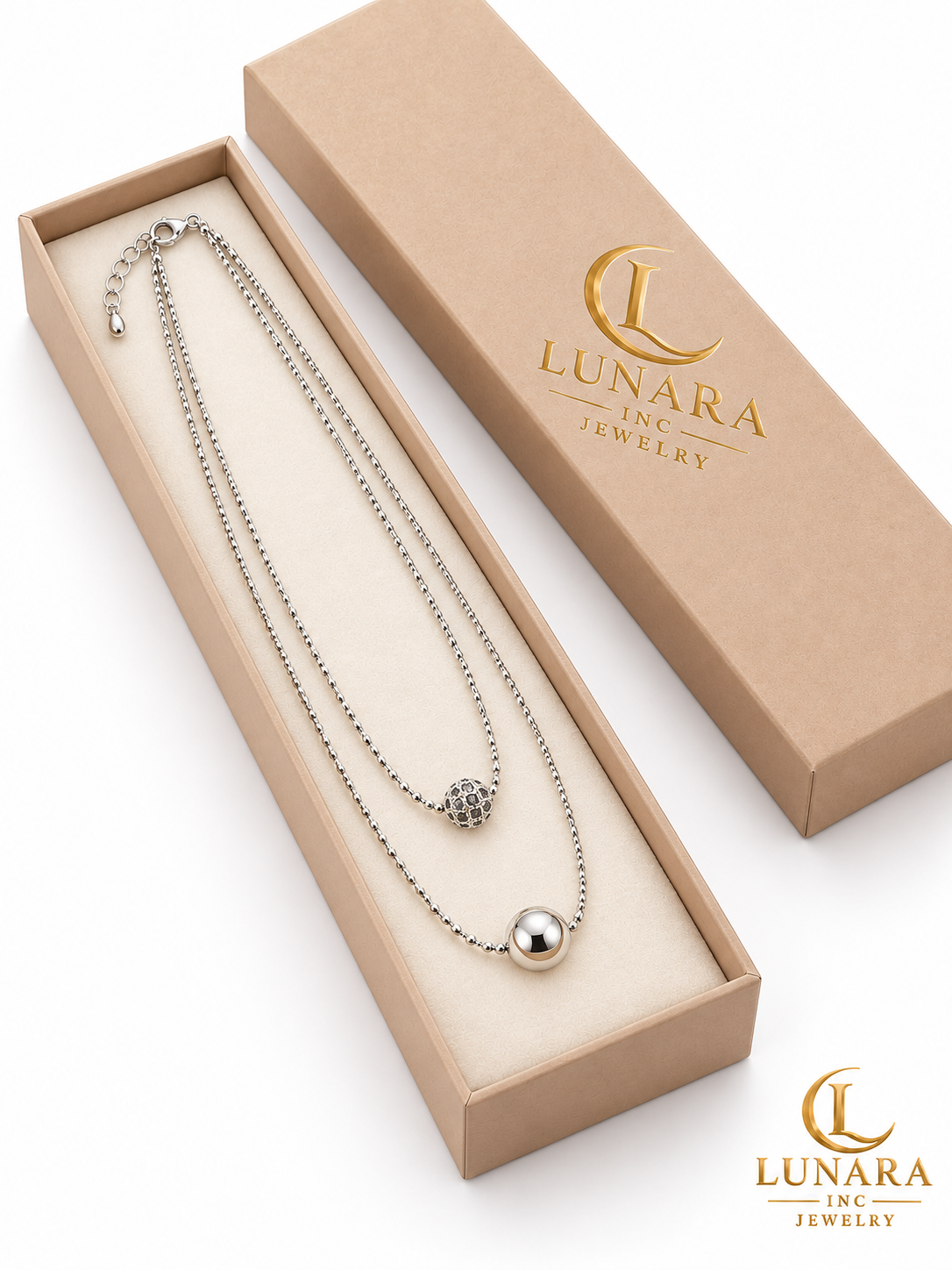 Silver-Tone Double-Layer Beaded Chain with Sparkling & Polished Spheres