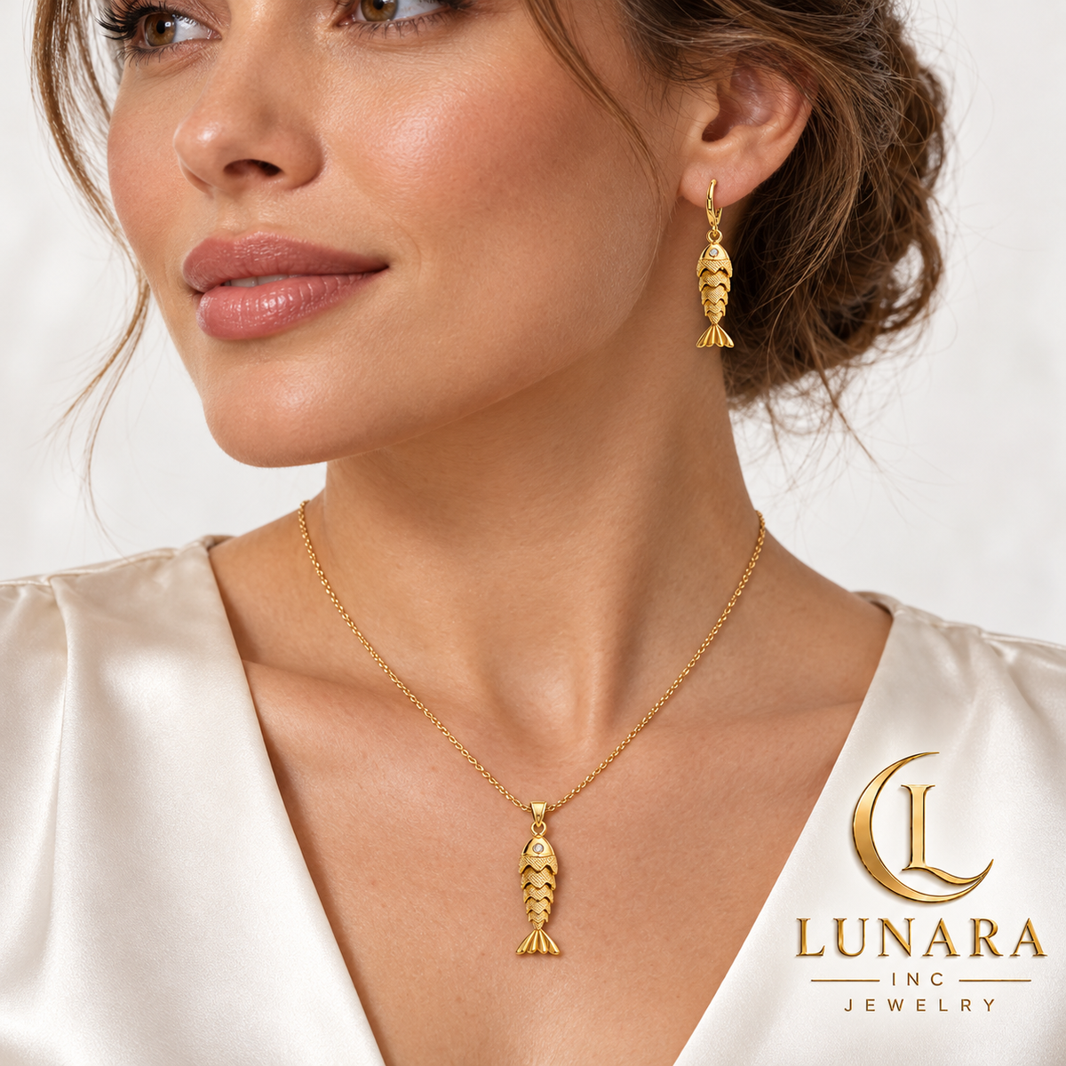Golden Fish Pendant Chain & Earrings Set – Two Styles
