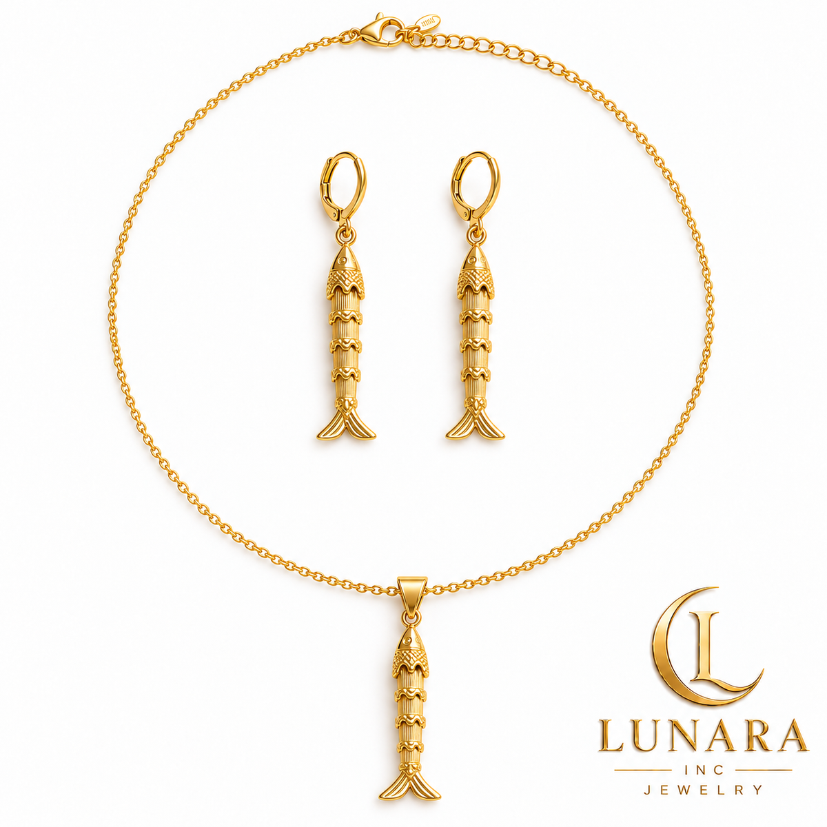 Golden Fish Pendant Chain & Earrings Set – Two Styles