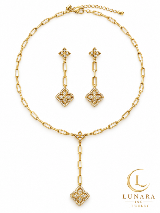 Floral Sparkle Paperclip Lariat Chain & Earrings Set