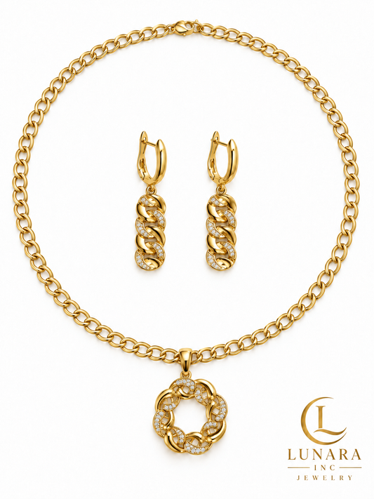 Golden Interwoven Circle Pendant Chain & Earrings Set