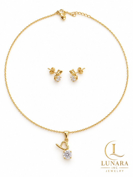 Golden Heart Sparkle Chain & Earrings Set