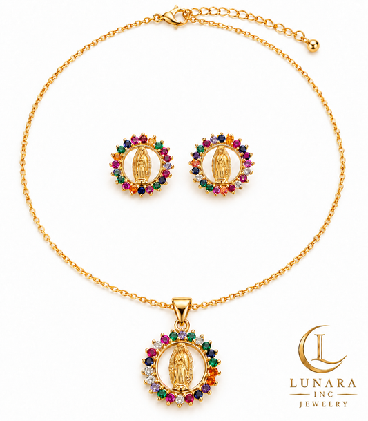 Virgen de Guadalupe Multicolor Medallion Chain & Earrings Set