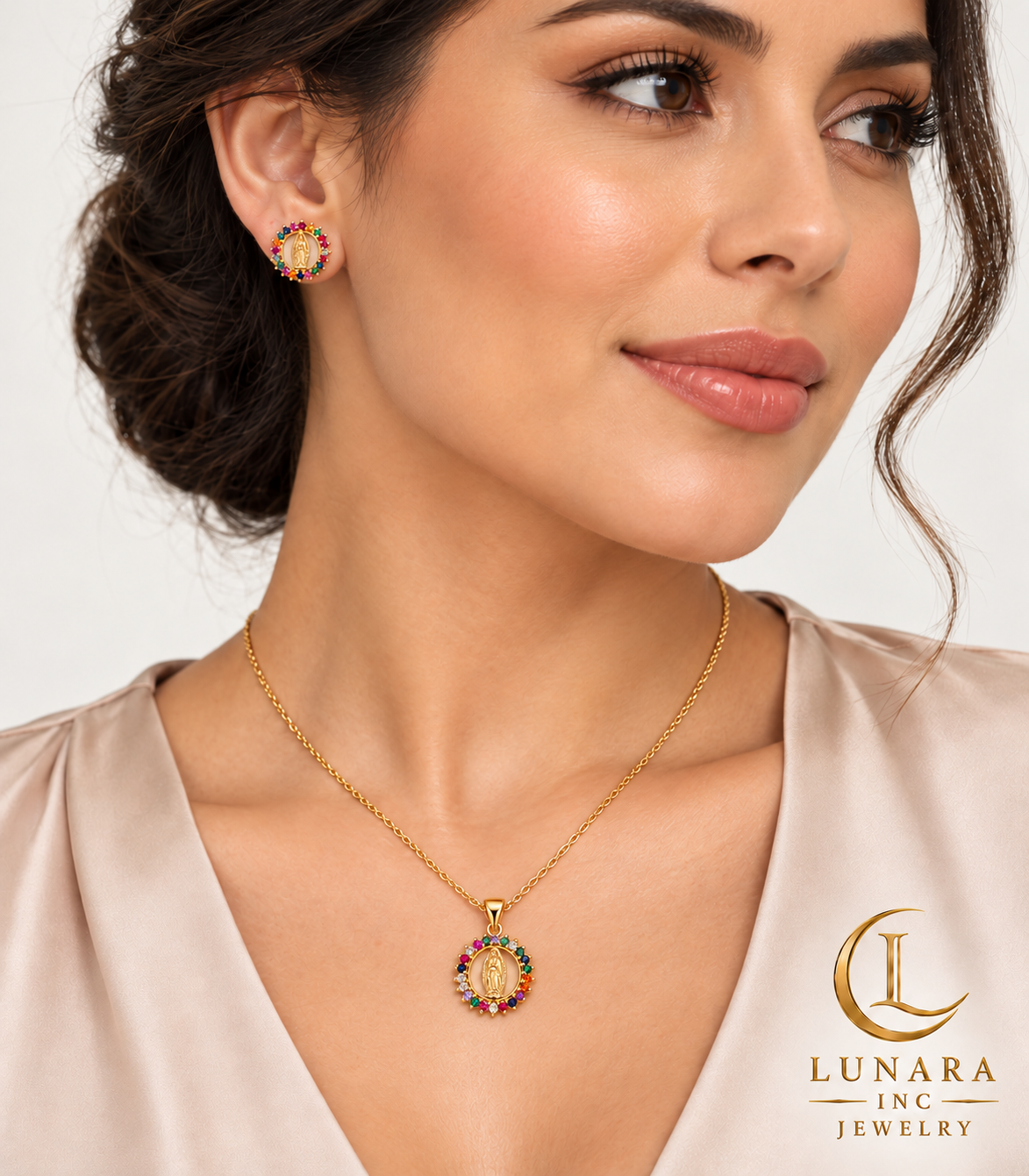 Virgen de Guadalupe Multicolor Medallion Chain & Earrings Set