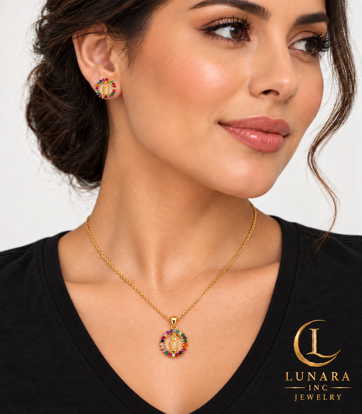 Virgen de Guadalupe Multicolor Medallion Chain & Earrings Set