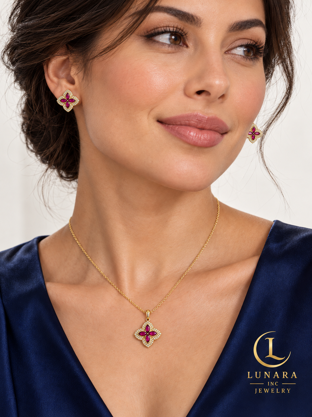 Fuchsia Blossom Chain & Stud Earring Set