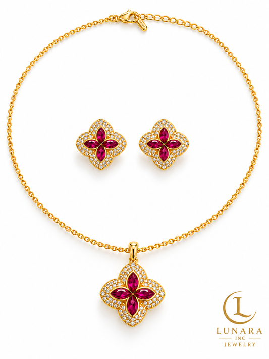 Fuchsia Blossom Chain & Stud Earring Set