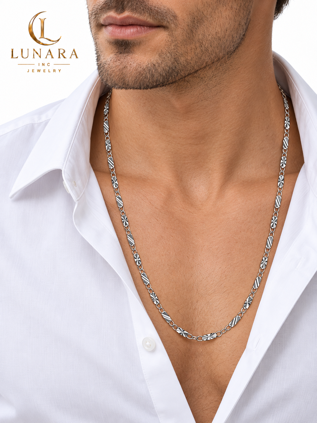 Silver-Tone Engraved Link Chain – 23”