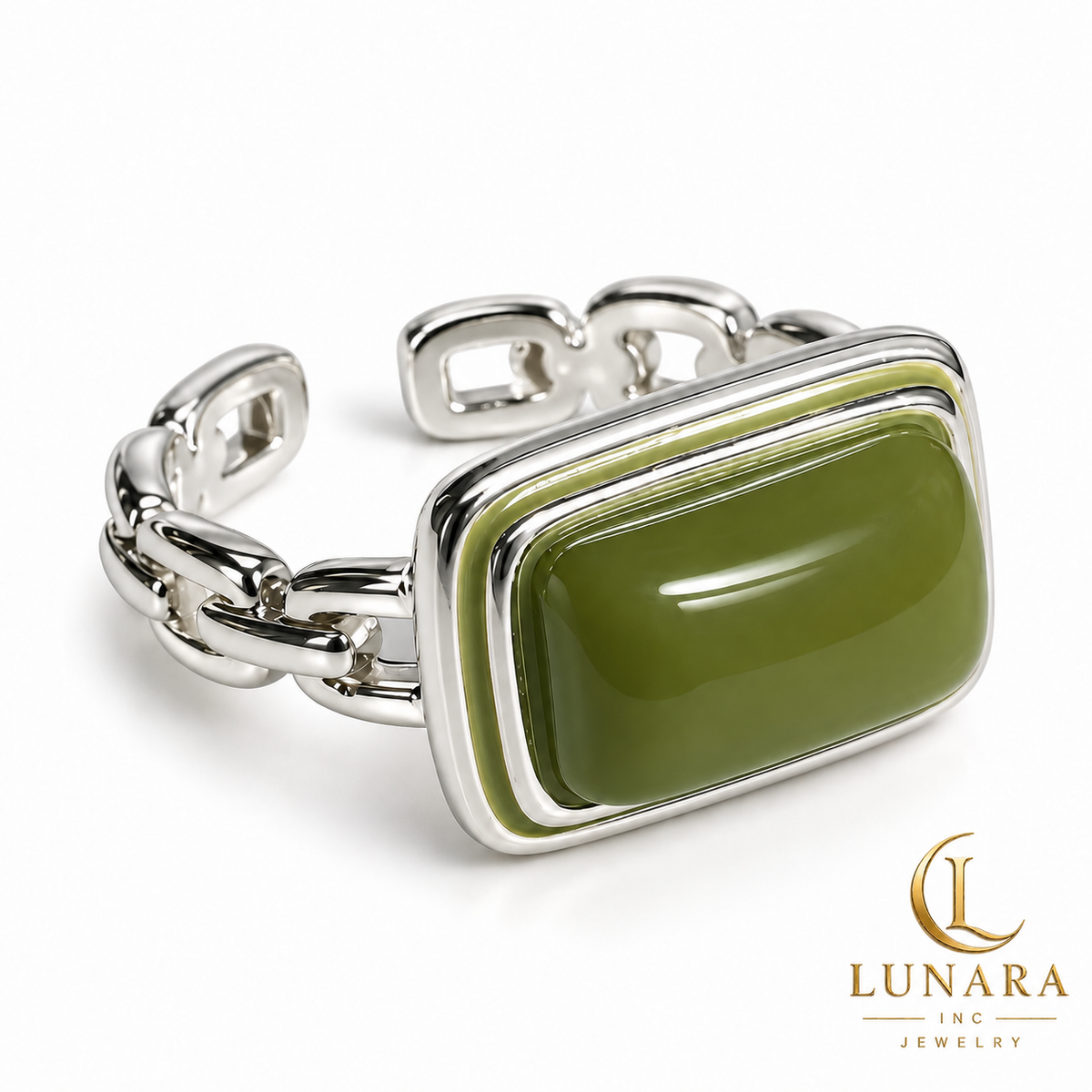 Olive Green Natural Stone Open Chain-Link Ring