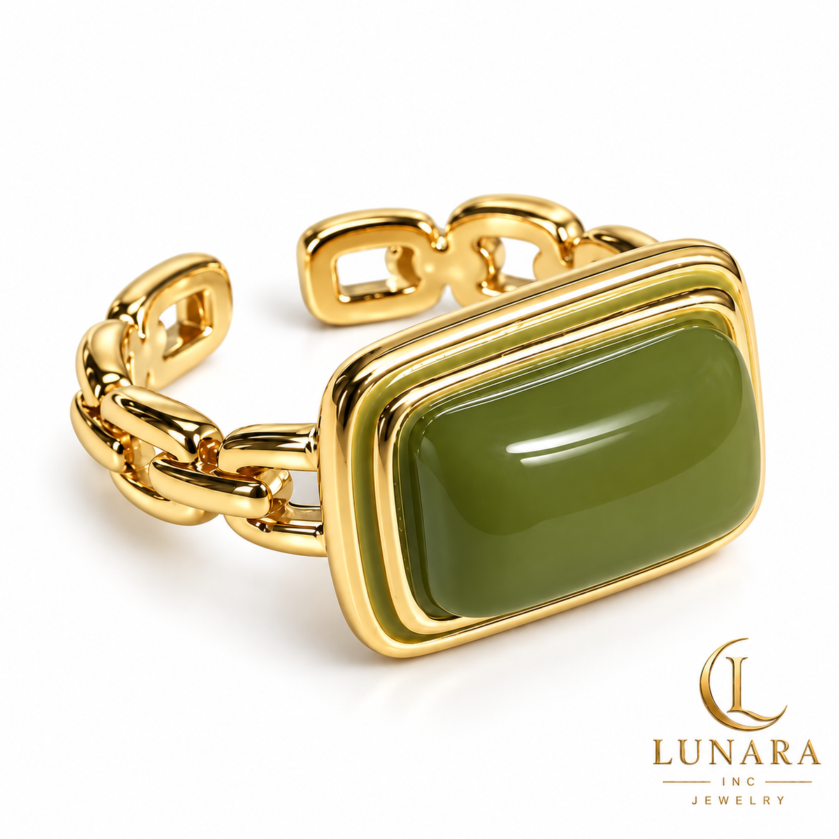 Olive Green Natural Stone Open Chain-Link Ring