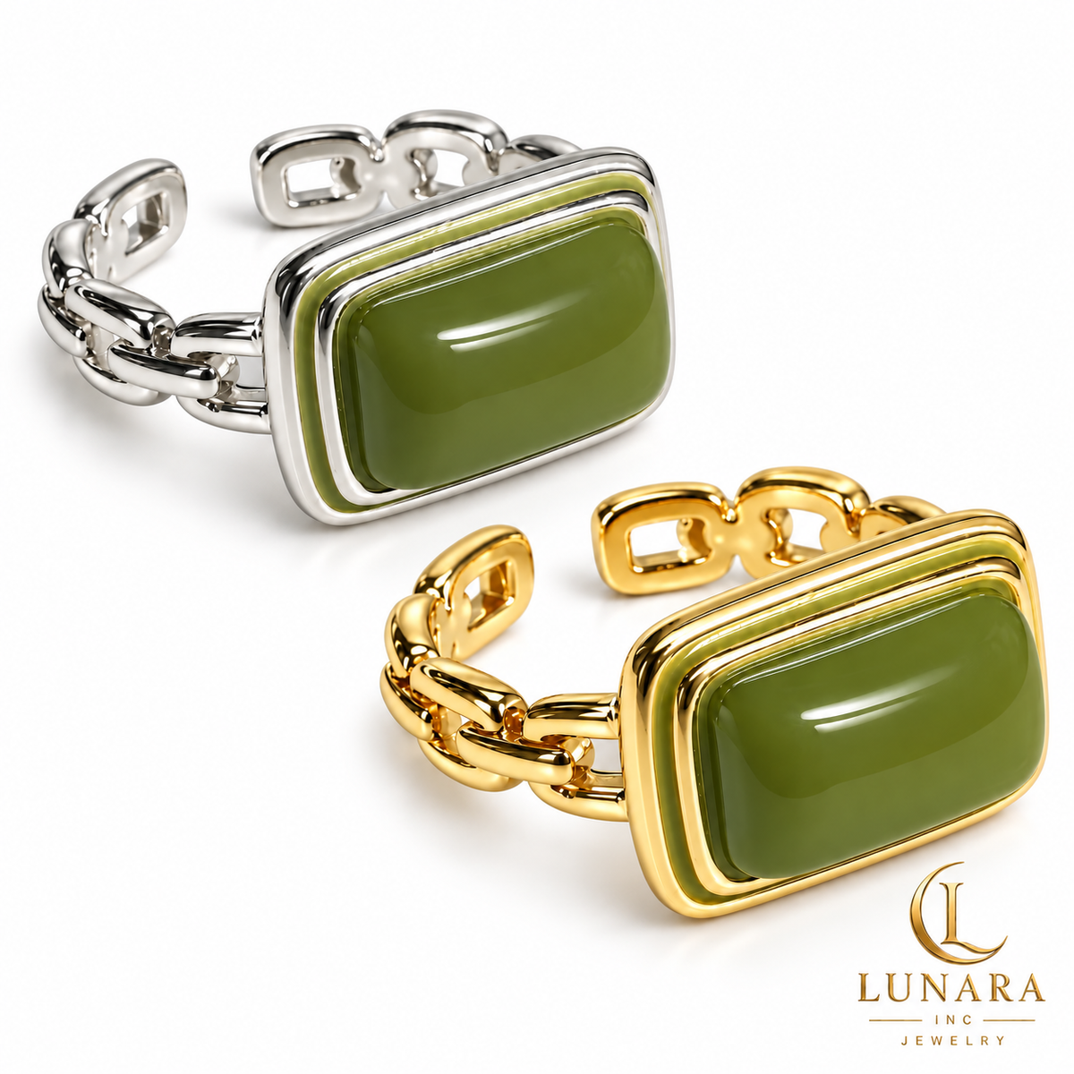 Olive Green Natural Stone Open Chain-Link Ring