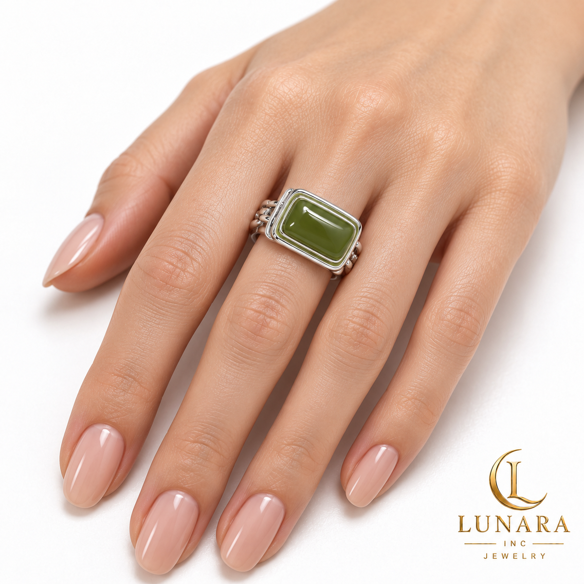 Olive Green Natural Stone Open Chain-Link Ring