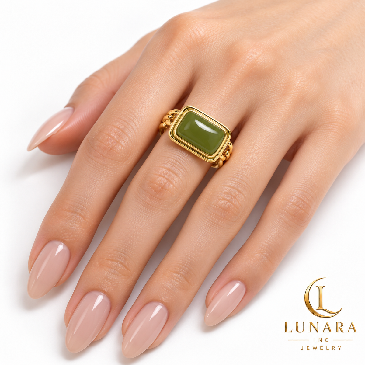 Olive Green Natural Stone Open Chain-Link Ring