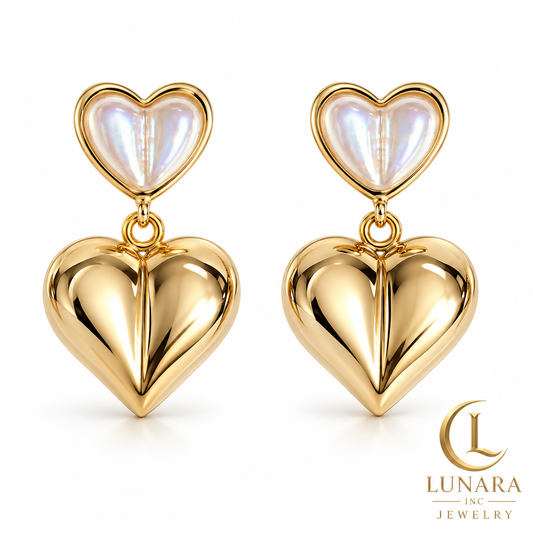 Mother-of-Pearl & Gold Double Heart Drop Earrings