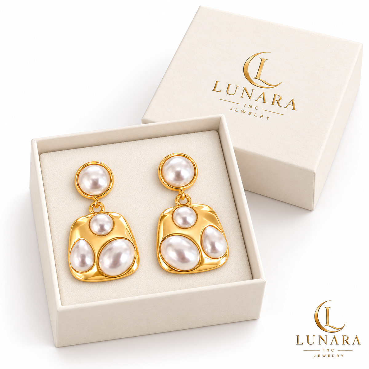Golden Pearl Trapezoid Drop Earrings